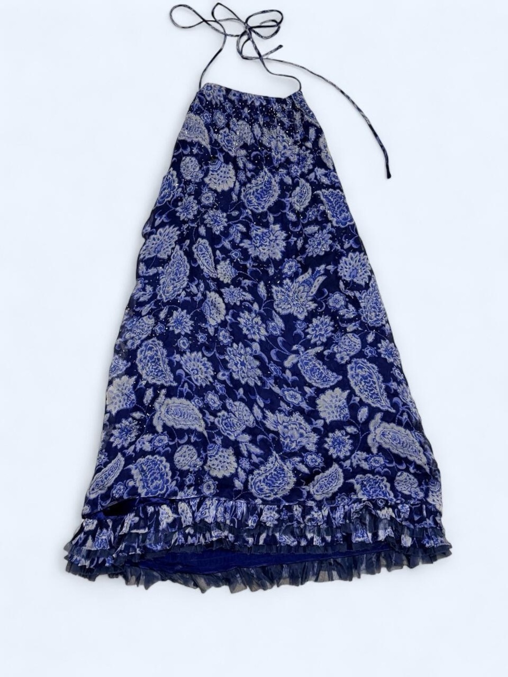 Alice + Olivia Beaded Navy and Cream Paisley Halter Maxi Dress